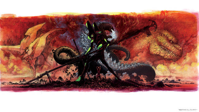Evangelion-01 e Godzilla, illustrazione di Mahiro Maeda