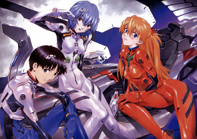 I tre protagonisti di Evangelion: Shinji, Asuka e Rei