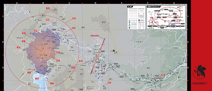 Dettaglio della mappa di Hakone sovrapposta a quella di Neo Tokyo-3, capitale del Giappone in Neon Genesis Evangelion