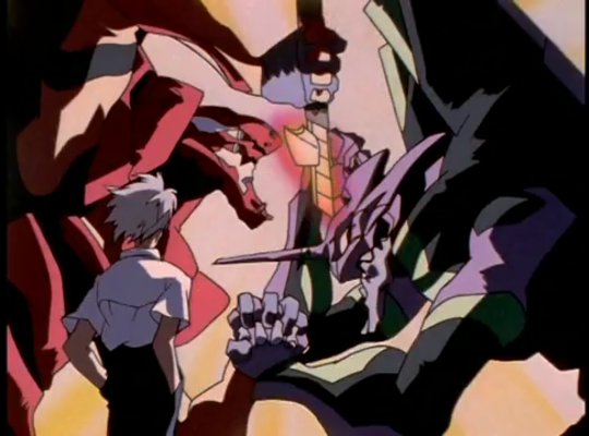 Kaworu assiste al combattimento tra Eva-01 ed Eva-02 - Fotogramma tratto dall'episodio 24 di Neon Genesis Evangelion