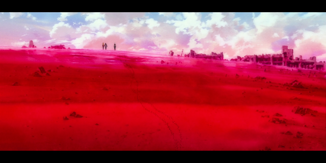 Shinji, Asuka e Rei si incamminano verso la Città dei Lilin attraverso un rosso deserto
