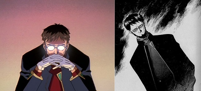 Il Gendo dell'anime caratterizzato da Anno e il Gendo del manga caratterizzato da Sadamoto