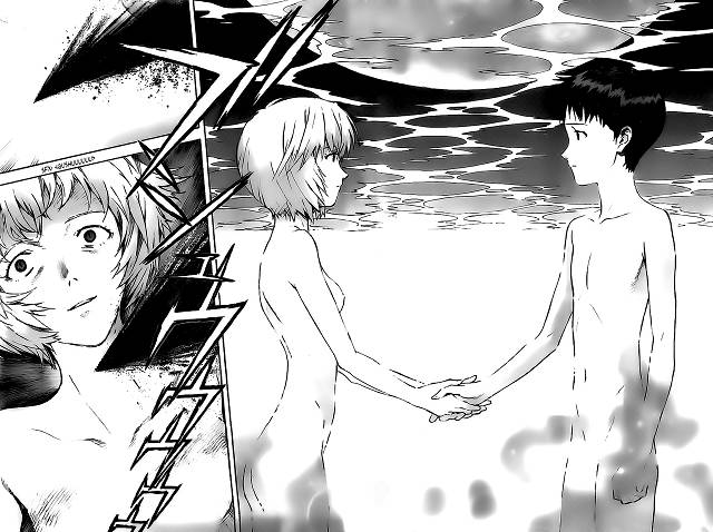 Contatto umano – la stretta di mano tra Shinji e Rei nel manga simboleggia l’interruzione del Perfezionamento