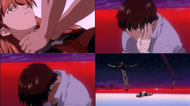 Fotogrammi tratti dal finale di The End of Evangelion: strangolamento, carezza, lacrime, spiaggia