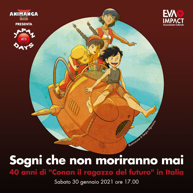 EVA IMPACT presenta Sogni che non moriranno mai - 40 anni di Conan il ragazzo del futuro in Italia - Sabato 30 gennaio, ore 17, Japan Days Web 2021 - Illustrazione di Sergio Algozzino