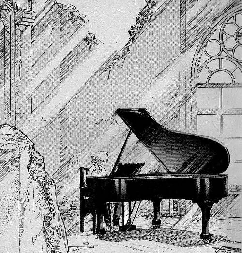 Kaworu suona il piano tra le macerie di una chiesa