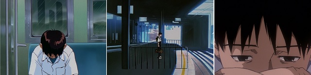 Fotogrammi tratti da scene in cui Shinji fugge: episodio 4, episodio 19 e The End of Evangelion