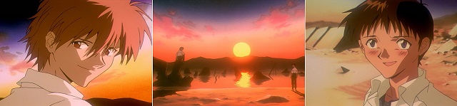 L’incontro tra Shinji e Kaworu al tramonto; forse un riferimento a una scena della bozza 1