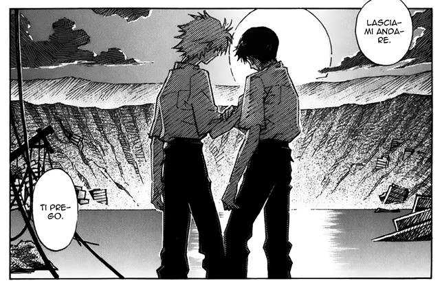 Scena al tramonto nel manga di Sadamoto: il rifiuto di Shinji nei confronti di Kaworu