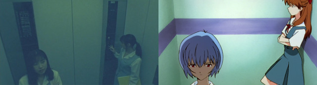Asuka e Rei in ascensore - Live axtion vs Episodio 22