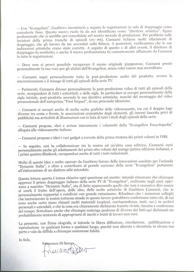 Evangelion - Lettera aperta di Francesco Di Sanzo, con firma olografa