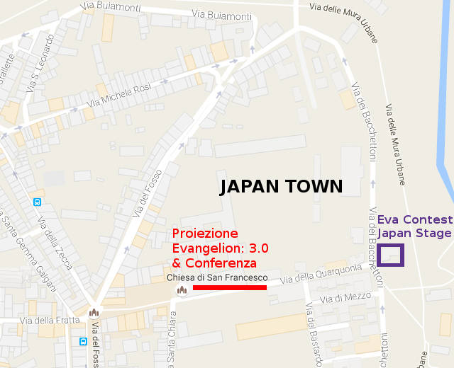 Proiezione di Evangelion: 3.0 e conferenza avranno luogo nella chiesa di san Francesco, mentre l'Evangelion Contest al Japan Stage