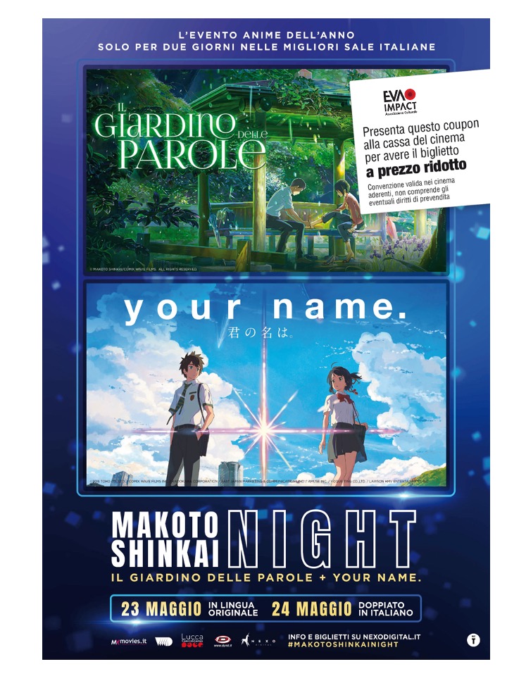 Coupon per un biglietto a tariffa ridotta per l’evento Nexo Anime al cinema Makoto Shinkai Night – Your Name. e Il Giardino delle Parole