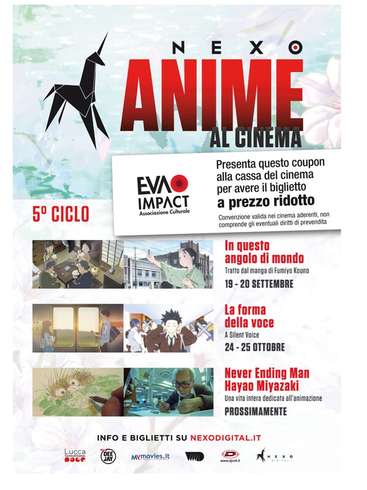 Coupon per un biglietto a tariffa ridotta per tutti i film del 5° ciclo di Nexo Anime al cinema, In questo angolo di mondo, La forma della voce, Never Ending Man - Hayao Miyazaki