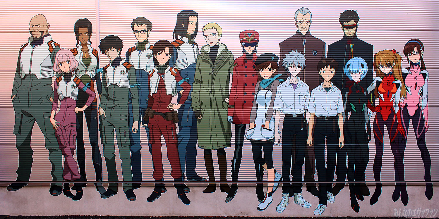 Immagine dell'Evangelion Store di Tokyo che ritraeva i personaggi che appaiono in Evangelion: 3.0